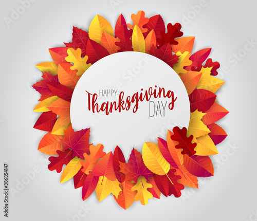 Thanksgiving banner design. Fall november traditional american holiday. Background with red and orange leaves. Party night inviration. Weekend shopping event. Vector illustration. photo