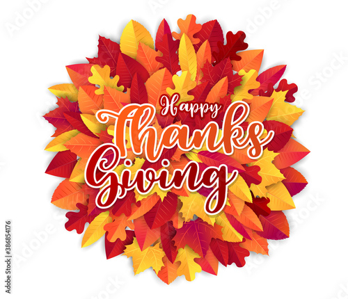 Thanksgiving banner design. Fall november traditional american holiday. Background with red and orange leaves. Party night inviration. Weekend shopping event. Vector illustration. photo