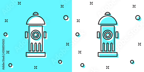 Black line Fire hydrant icon isolated on green and white background. Random dynamic shapes. Vector.
