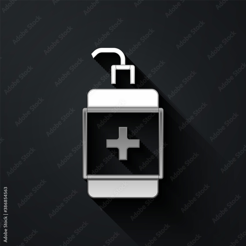 Silver Hand sanitizer bottle icon isolated on black background. Disinfection concept. Washing gel. Alcohol bottle for hygiene. Long shadow style. Vector. Silver Hand sanitizer bottle icon isolated on black background. Disinfection concept. Washing gel. Alcohol bottle for hygiene. Long shadow style. Vector.