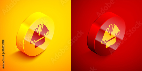 Isometric Bathrobe icon isolated on orange and red background. Circle button. Vector.