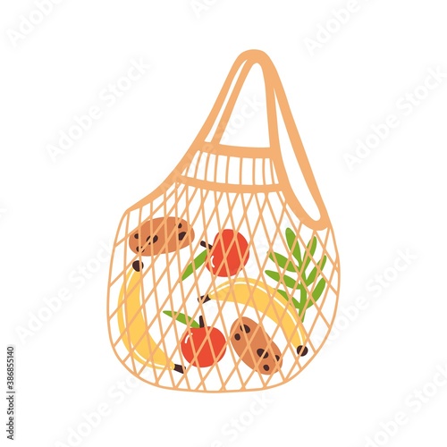 Trendy eco reusable shopping bag with fruits and vegetables. Zero waste string bag isolated on white background. Vector illustration in flat cartoon style