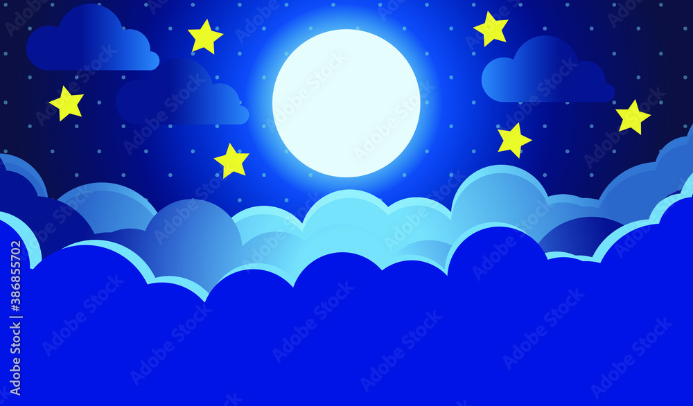 Vector night sky clouds. Moon and stars. Background design