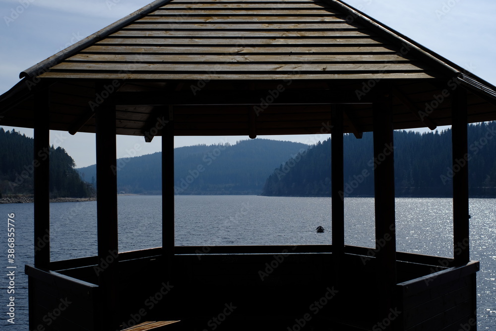 wooden pier by the lake in the summer