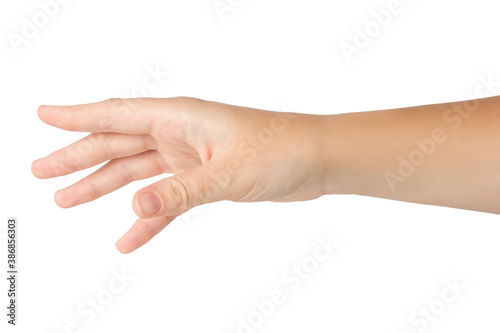 Beautiful female hand isolated on white background. Gestures, symbols, signs with hands.