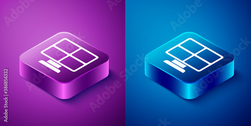 Isometric Solar energy panel icon isolated on blue and purple background. Square button. Vector.