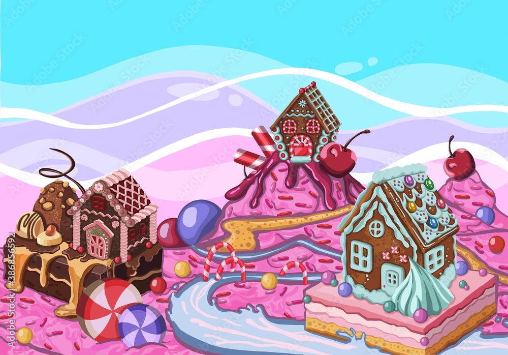 Fantasy sweet food land. illustration