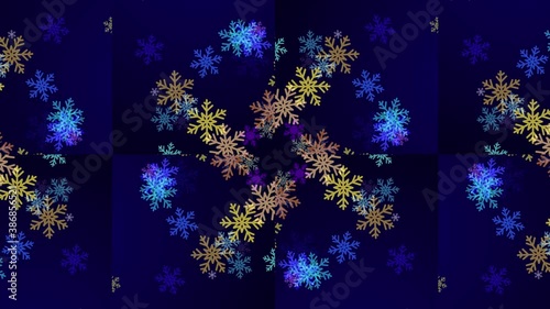 Geometrical colorful snowflakes kaleidoscope background. Seamless looping