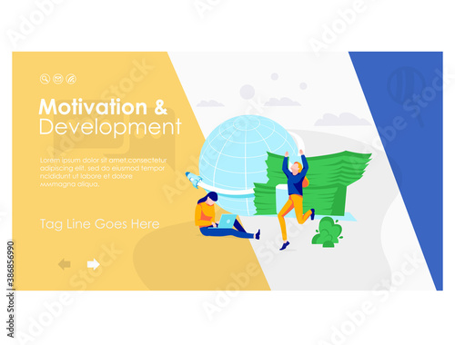Motivation and development landing page template. Business people celebrating financial success. Partnership and collaboration, business motivation and ambitions flat vector illustration