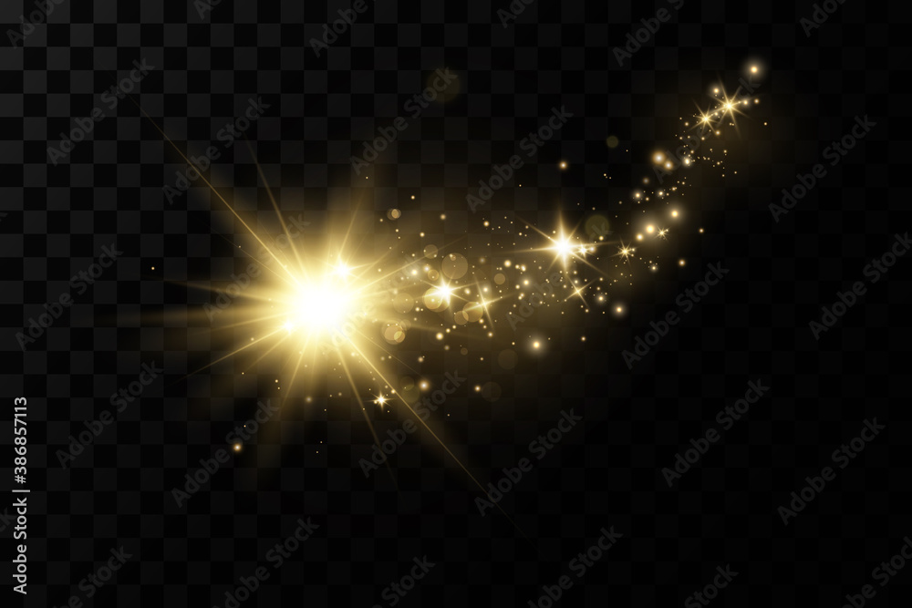 Glow light effect.  Vector sparkles on a transparent background. Christmas light effect. Sparkling magical dust particles.The dust sparks and golden stars shine with special light.