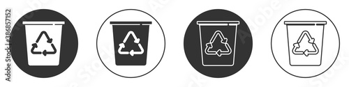 Black Recycle bin with recycle symbol icon isolated on white background. Trash can icon. Garbage bin sign. Recycle basket sign. Circle button. Vector.