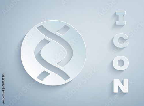 Paper cut DNA symbol icon isolated on grey background. Genetic engineering, genetics testing, cloning, paternity testing. Paper art style. Vector.