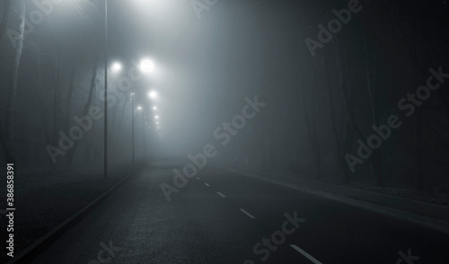 The thick fog above the asphalt road in the night in the city