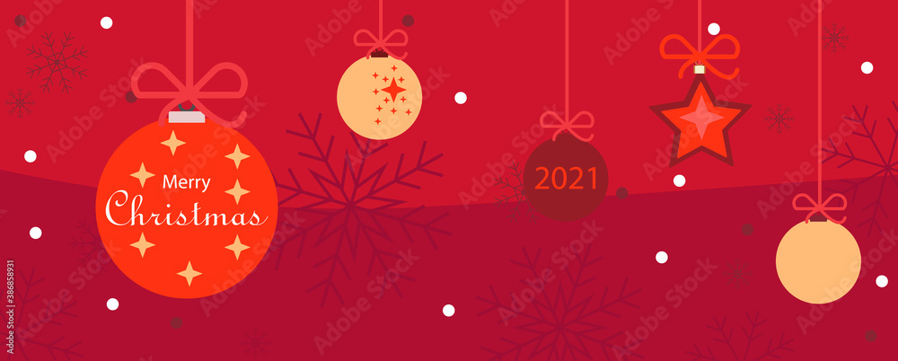Christmas decoration background. Bright red vector illustration with toys, balls, stars, ribbons and snowflakes