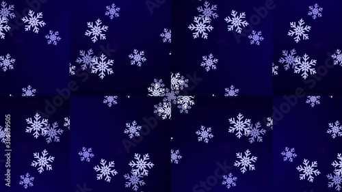Abstract light blue snowflakes kaleidoscope background. Seamless looping