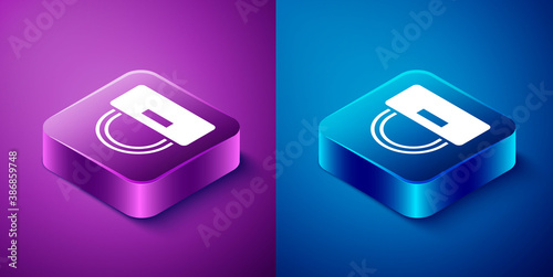 Isometric Bellboy hat icon isolated on blue and purple background. Hotel resort service symbol. Square button. Vector.