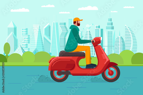 Male riding retro style scooter on modern city park road. Man drives red moped on street. Boy vintage motorcycle driver. Hipster on bike life in motion lifestyle vector eps illustration