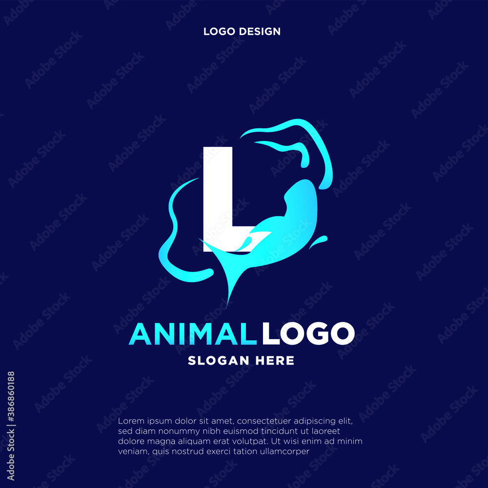 Dolphin Jumping Wave Corporate Logo Template. Letter L. Creative Design with Colorful Logotype. Vector Illustration.