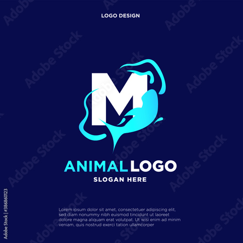 Dolphin Jumping Wave Corporate Logo Template. Letter M. Creative Design with Colorful Logotype. Vector Illustration.