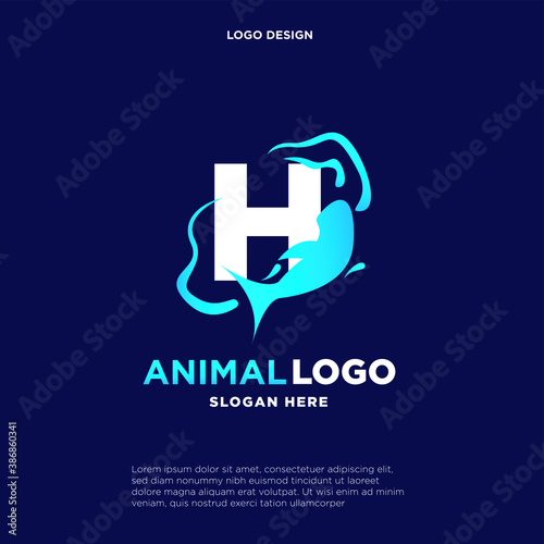 Dolphin Jumping Wave Corporate Logo Template. Letter H. Creative Design with Colorful Logotype. Vector Illustration.