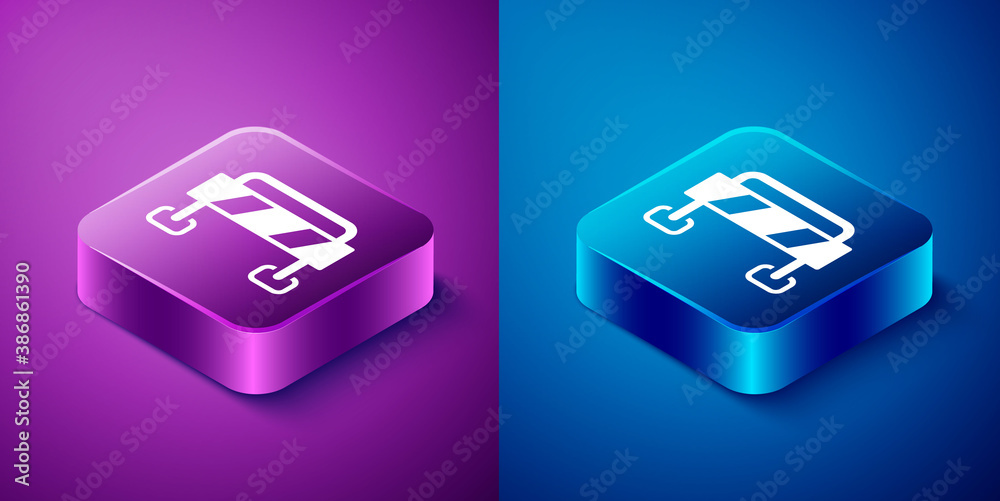 Isometric Road barrier icon isolated on blue and purple background. Symbol of restricted area which are in under construction processes. Repair works. Square button. Vector. Isometric Road barrier icon isolated on blue and purple background. Symbol of restricted area which are in under construction processes. Repair works. Square button. Vector.