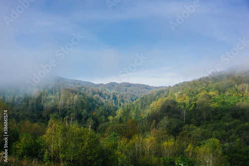 Mystic foggy morning. Bieszczady National Park in Poland landscape. Autumn mountain trekking. Rural scenery background. Hiking trail on the hill. Blue sky idyllic view.