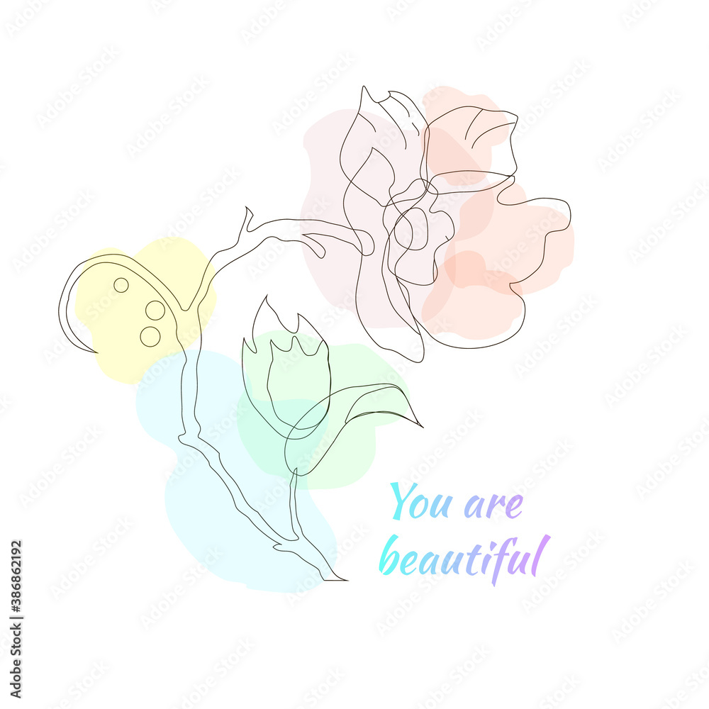 Continuous one line drawing. Drawing of a flower with watercolor spots. Black and white vector illustration. Concept for logo and business card, banner, poster. Printing on fabric. Continuous one line drawing. Drawing of a flower with watercolor spots. Black and white vector illustration. Concept for logo and business card, banner, poster. Printing on fabric.