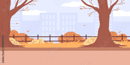 Autumn park panorama landscape. Autumnal public park in the City with leaf fall, trees, walkway, cityscape. Cute vector illustration of natural background. Horizontal banner flat vector illustration