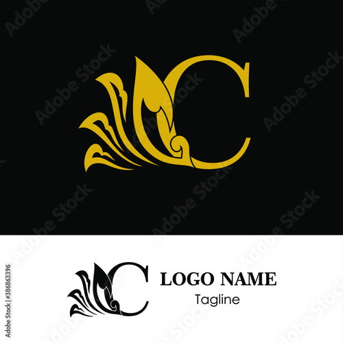 C Initial letter luxury beauty flourishes leaves ornament logo template.