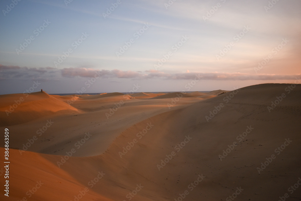 Sand dunes photographed at sunset in the Maspalomas desert in Gran Canaria.