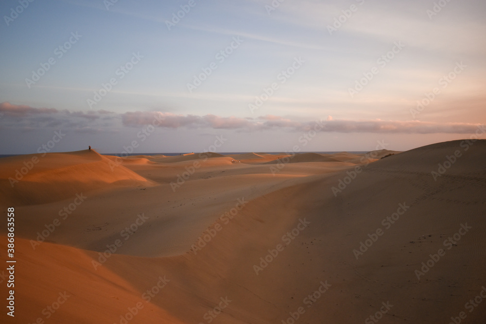Sand dunes photographed at sunset in the Maspalomas desert in Gran Canaria.