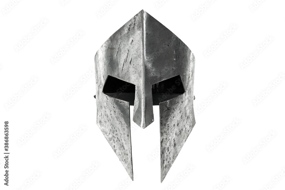 Ancient iron spartan head protection isolated on white. - obrazy, fototapety, plakaty 