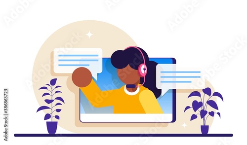 Online video chat. Internet talk, call technology. Video player window with speaking woman and messages. Modern flat iluustration.