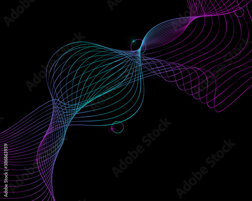 Dynamic neon waves, circles and stars. Abstract background of ultra thin geometry. Trendy vector illustration.