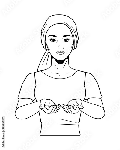 woman doing breast self exam wearing head scarf pop art line style