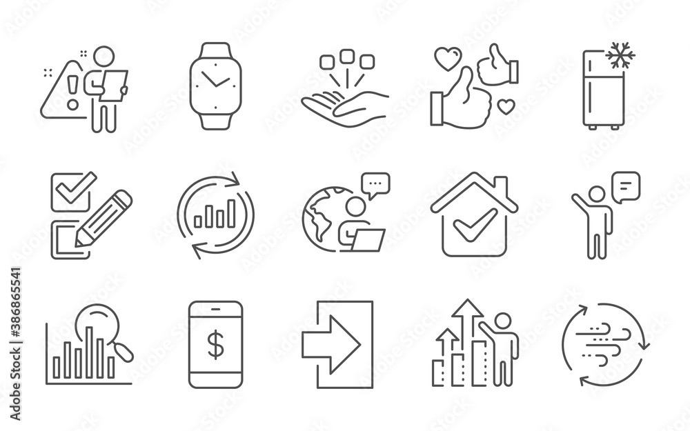Search, Wind energy and Smartwatch line icons set. Update data, Checkbox and Consolidation signs. Login, Employee results and Like symbols. Agent, Smartphone payment and Refrigerator. Vector Search, Wind energy and Smartwatch line icons set. Update data, Checkbox and Consolidation signs. Login, Employee results and Like symbols. Agent, Smartphone payment and Refrigerator. Vector