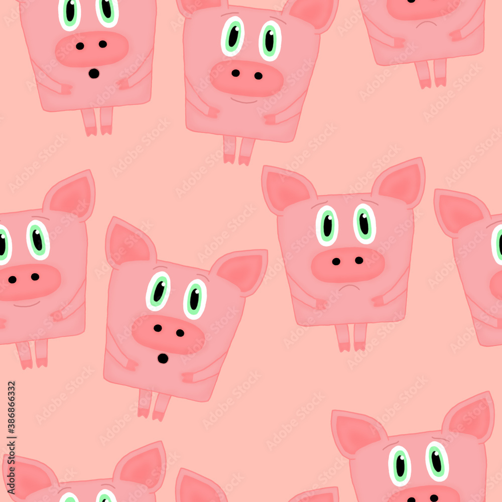 seamless pattern with emotional pigs on a pink background