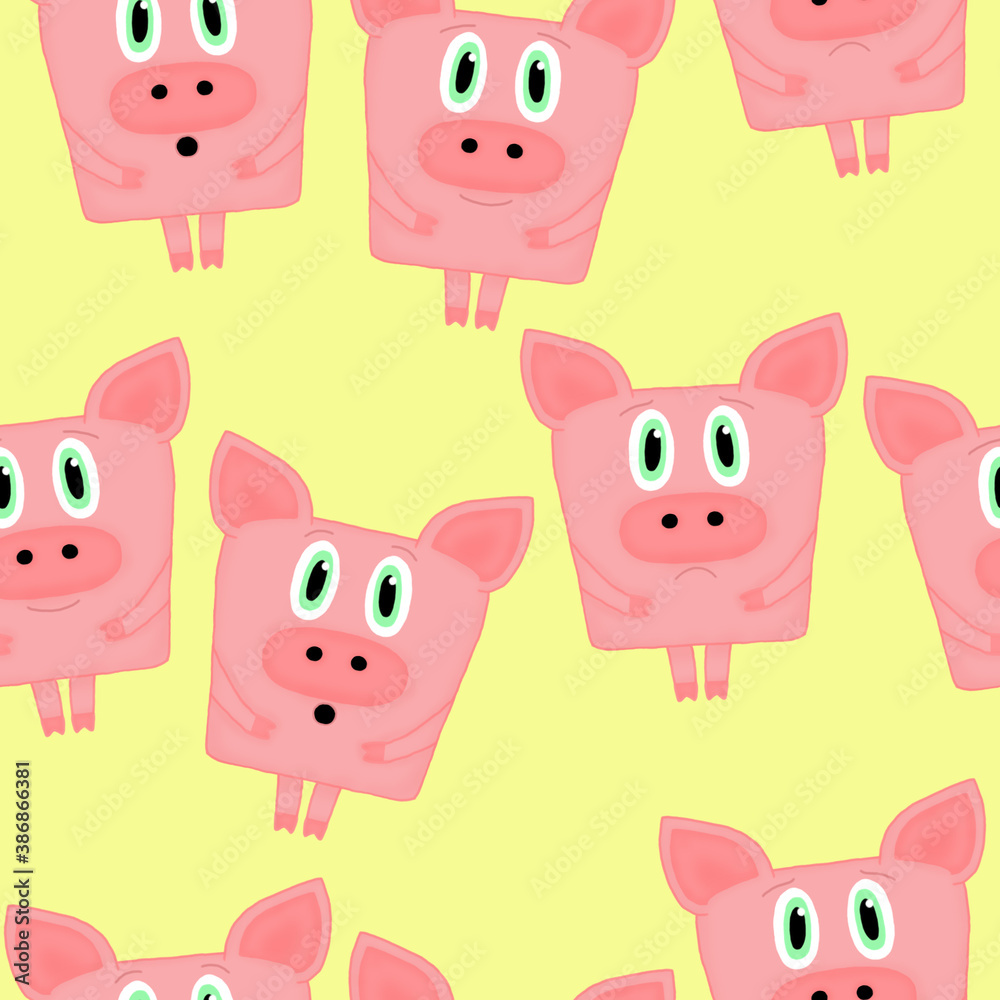 seamless pattern with emotional pigs on an yellow background seamless pattern with emotional pigs on an yellow background