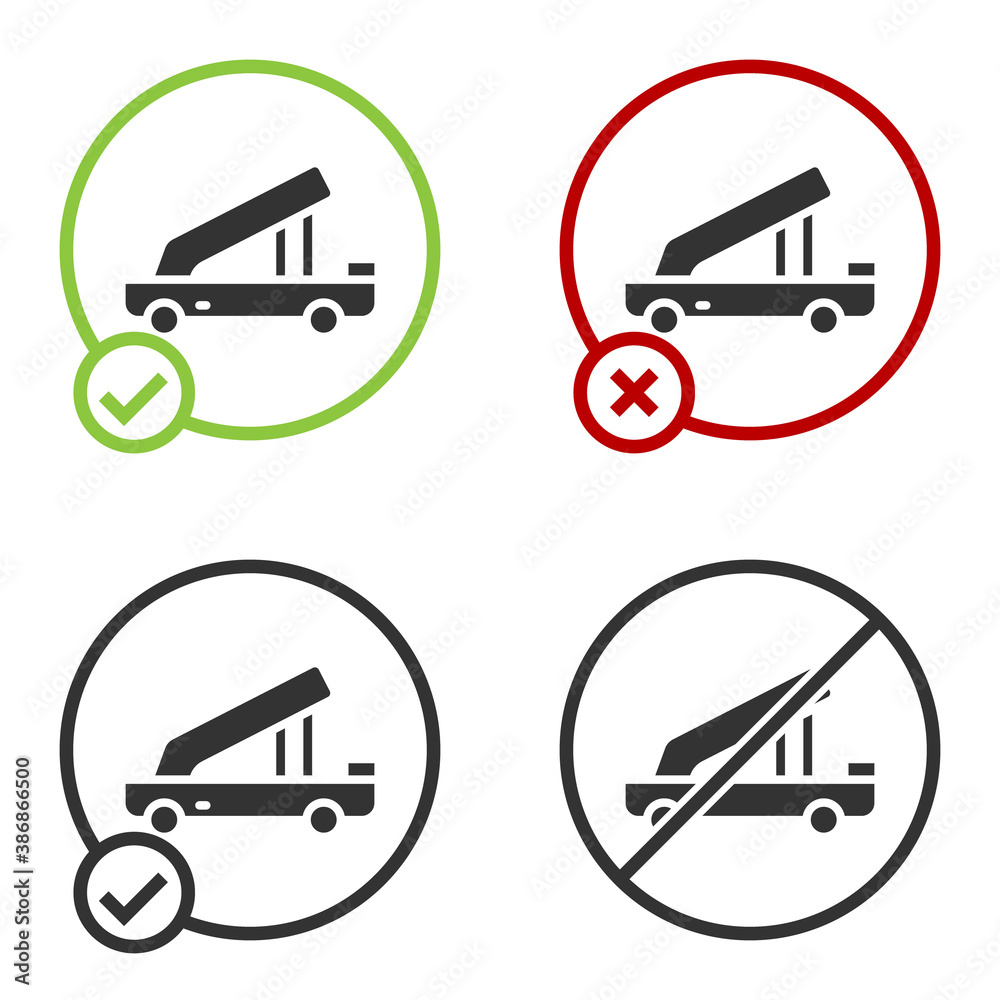 Black Passenger ladder for plane boarding icon isolated on white background. Airport stair travel. Circle button. Vector. Black Passenger ladder for plane boarding icon isolated on white background. Airport stair travel. Circle button. Vector.