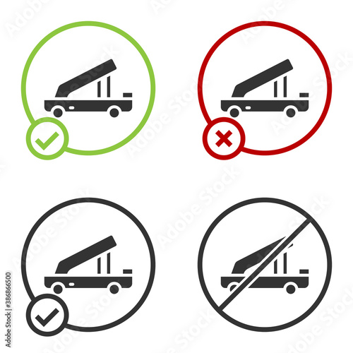 Black Passenger ladder for plane boarding icon isolated on white background. Airport stair travel. Circle button. Vector.