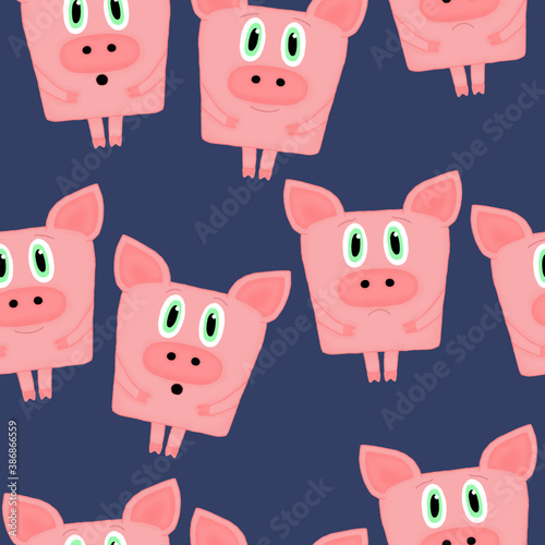 seamless pattern with emotional pigs on a blue background