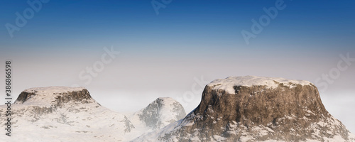 panorama landscape with rocks and snow with clear blue sky - 3D Illustration