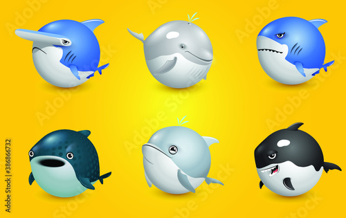 Ball shaped fish character vector set, shark, hammerhead shark, whale, dolphin, whale shark and killer whale, cute ocean animals