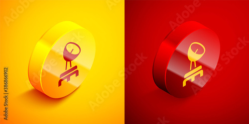 Isometric Radar icon isolated on orange and red background. Search system. Satellite sign. Circle button. Vector.