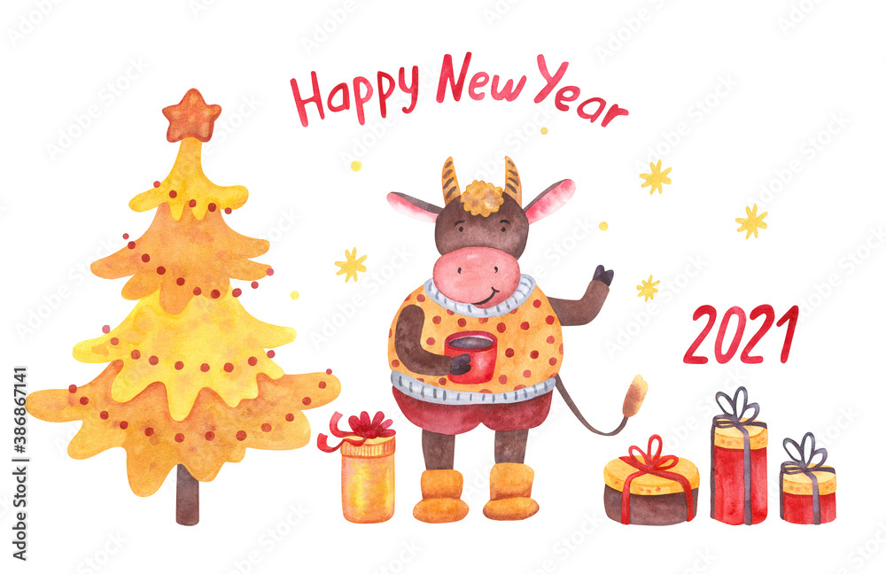 Watercolor Happy New Year set with lettering, cute little bull wearing cozy sweater decorated with polka dots, Christmas tree, gift boxes, snowflakes. Year of ox 2021. Great for design greeting cards.