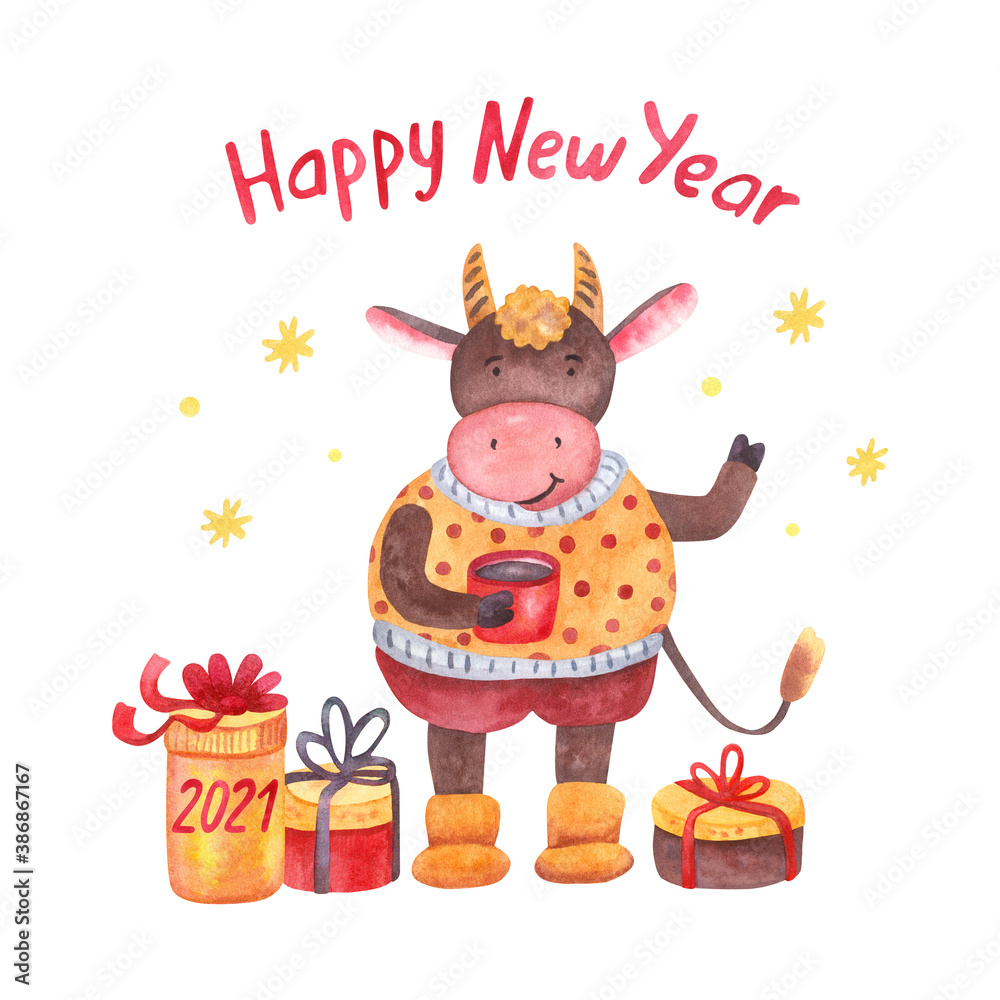 Watercolor cute cheerful bull with  mug of tea or coffee and gift boxes. Cozy sweater. Year of ox. Hand painted illustration isolated on white. Happy New Year lettering. Chinese New Year greeting card