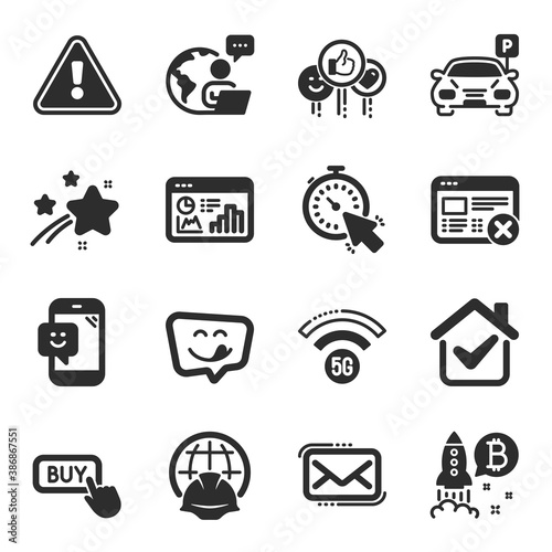Set of Technology icons, such as Messenger mail, Bitcoin project, Global engineering symbols. Reject web, 5g wifi, Smile signs. Timer, Yummy smile, Parking. Seo statistics, Like. Vector