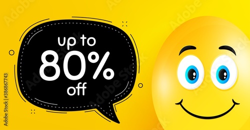 Up to 80% off Sale. Easter egg with smile face. Discount offer price sign. Special offer symbol. Save 80 percentages. Easter smile character. Discount tag black speech bubble. Vector