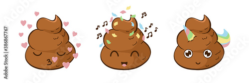 Funny poop emoji vector set.