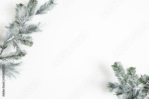 Christmas composition. Fir tree branches on white background. Christmas, winter, new year concept. Flat lay, top view, copy space